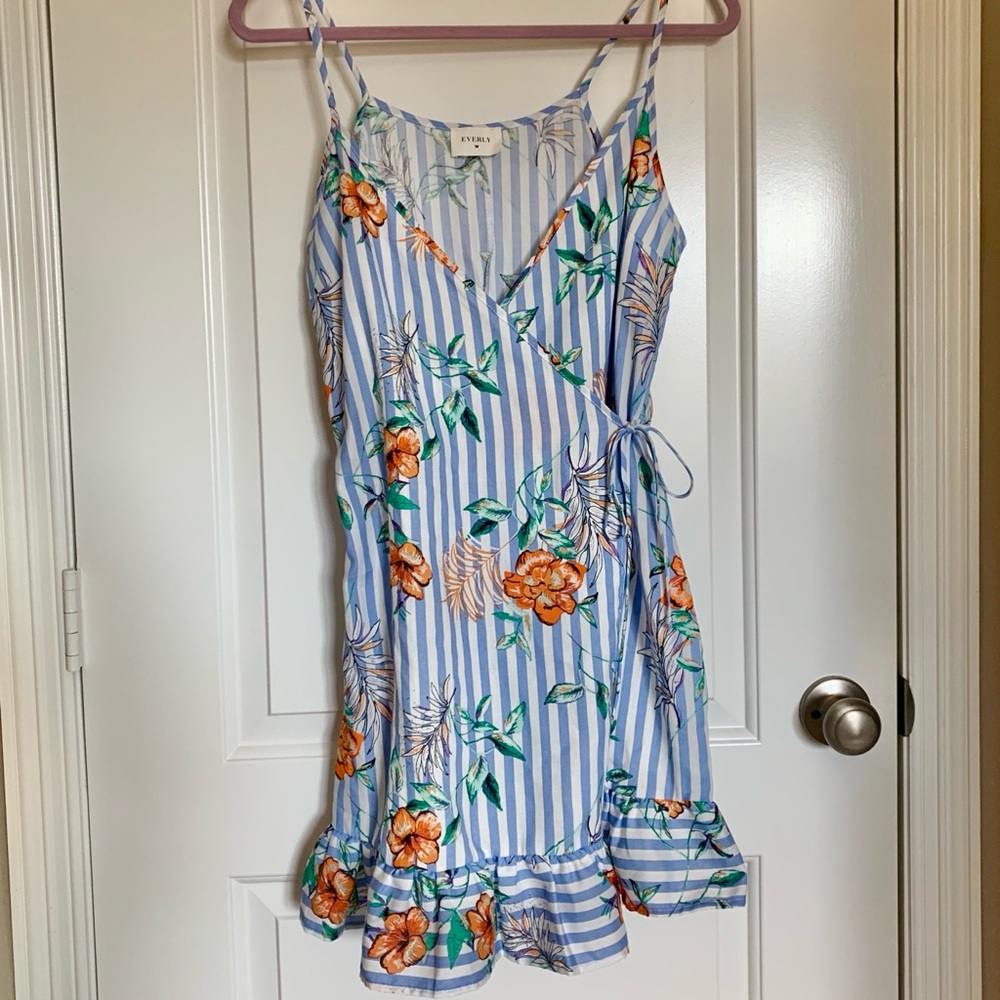 Striped Floral Ruffled Wrap Dress